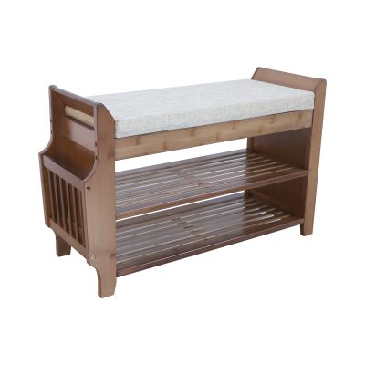 2-Tier Modern Bamboo Shoe Bench Vintage Shoe Rack Organizer with Drawer and Basket Detachable Shoe Storage Shelves with Soft Seat for Hallway Entryway Living Room Bedroom Balcony 30.9x19.5x11.6in