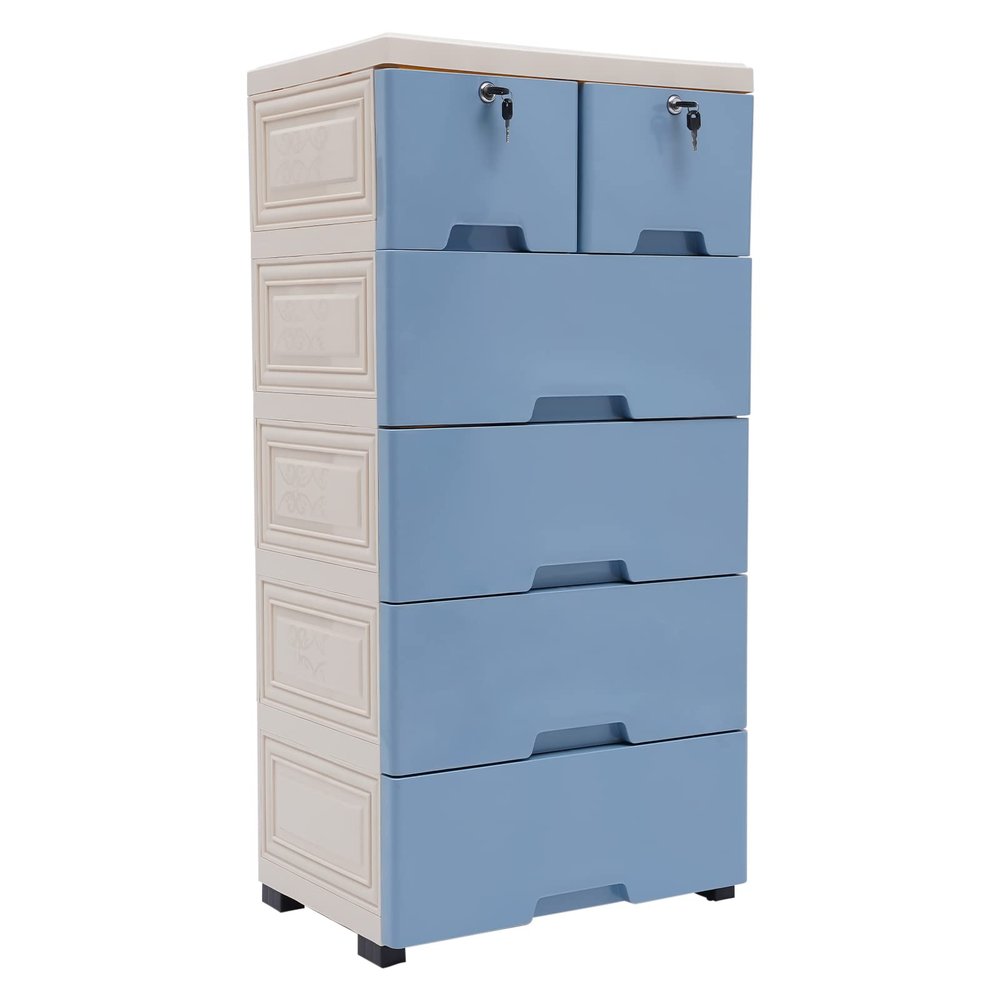 6 Drawer Dresser Tall Plastic Drawer Dresser Vertical Dresser Storage Tower Storage Cabinet Closet Chest Drawers Organizer for Bedroom, Living Room, Entryway, Closets Easy Pull W/Wheels (Blue)