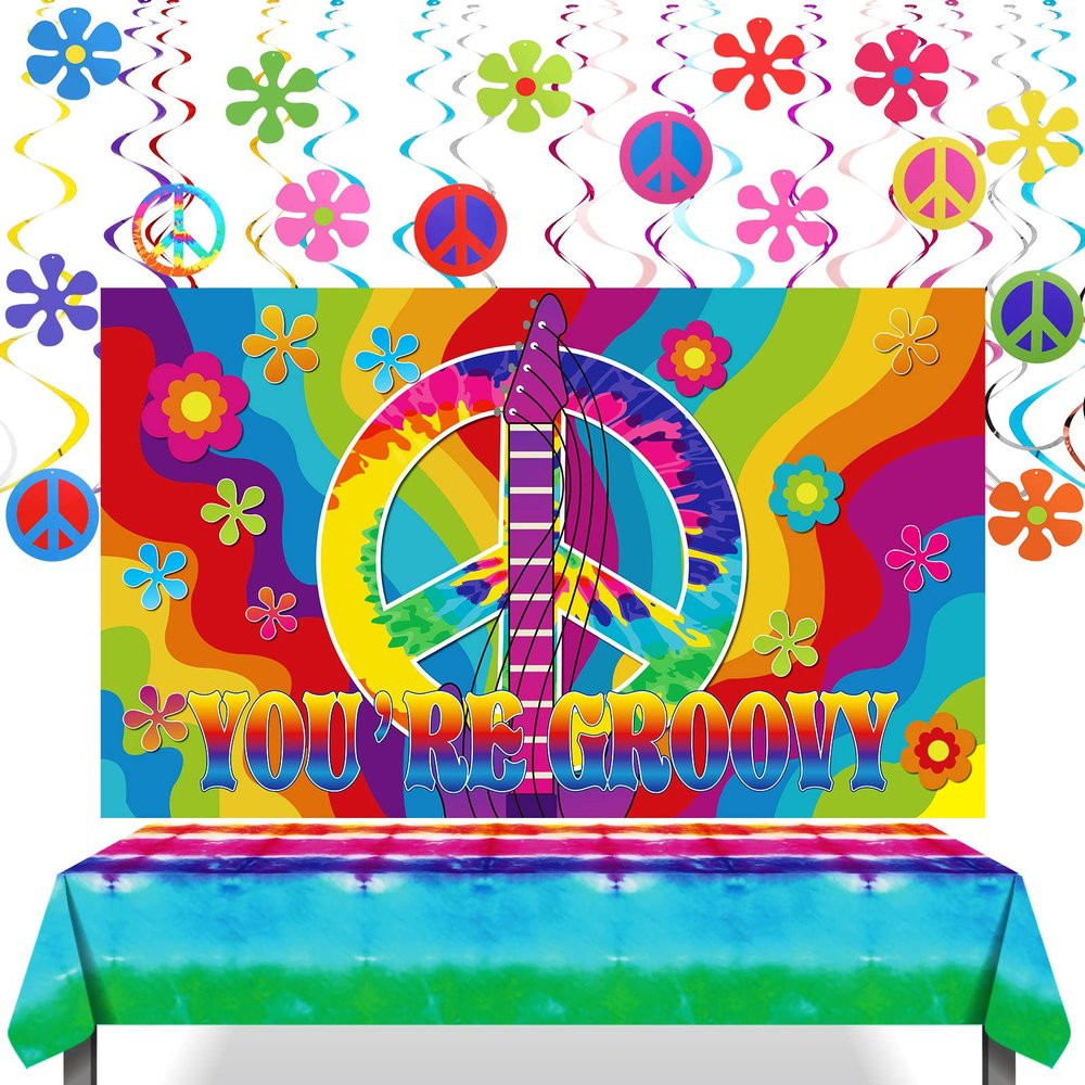32 Pcs Halloween Tie Dye Groovy 60's Party Decorations Hippie Supplies Tablecloth Backdrop Include Foil Swirl Decorations Tie Dye Tablecloth Peace Sign Hippie Backdrop Retro Party Birthday Accessories