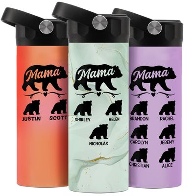Be Burgundy Personalized Mama Bear Water Bottle w/Kids' Names, Insulated, 14 or 20 Oz, Sipping Lid with Straw, 16 Colors & 5 Fonts, Custom Gifts for Mom From Daughter, Son