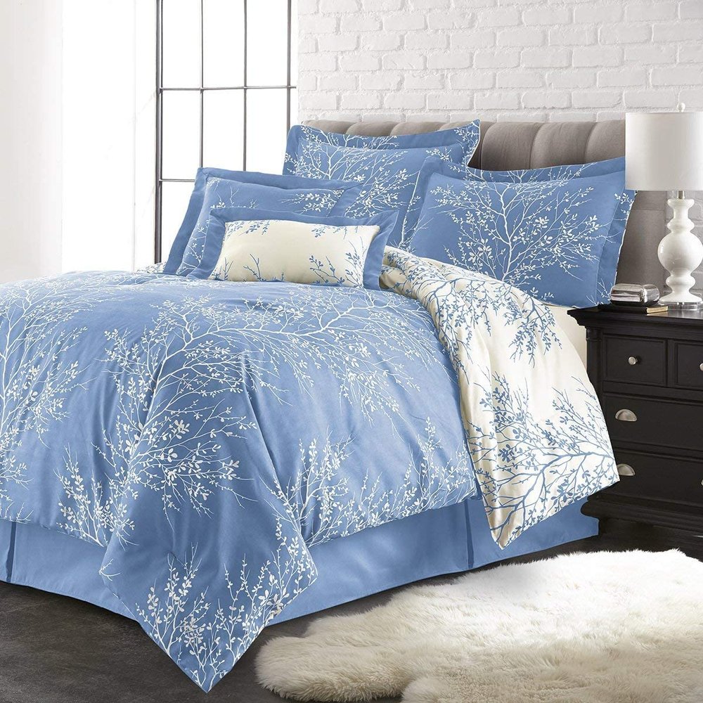 Spirit Linen - Twin Bed in a Bag, 5-Piece Oversized Reversible Bedding with Matching Sham & Bed Skirt, Elegant Home Decor for All Season (Foliage Light Blue/Ivory, Twin/Twin XL)