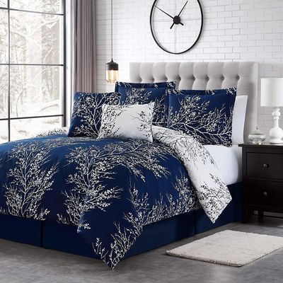 Spirit Linen - Twin Bed in a Bag, 5-Piece Oversized Reversible Bedding with Matching Sham & Bed Skirt, Elegant Home Decor for All Season (Foliage Navy/Ivory, Twin/Twin XL)