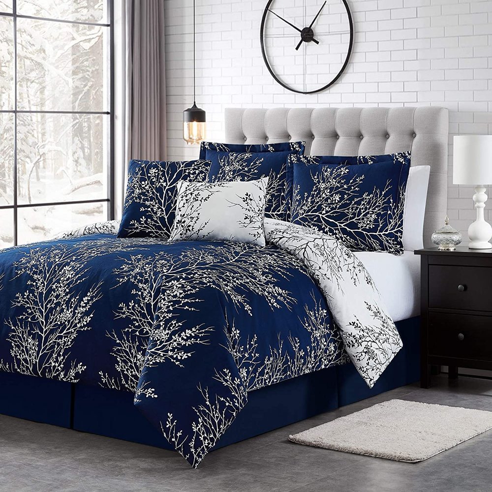 Spirit Linen - Twin Bed in a Bag, 5-Piece Oversized Reversible Bedding with Matching Sham & Bed Skirt, Elegant Home Decor for All Season (Foliage Navy/Ivory, Twin/Twin XL)
