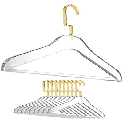 Clear Acrylic Clothes Hangers - 10 Pack Stylish and Heavy Duty Closet Organizer with Chrome Plated Steel Hooks - Non-Slip Notches for Suit Jacket, Sweater - by Designstyles (Gold Pants Bar)