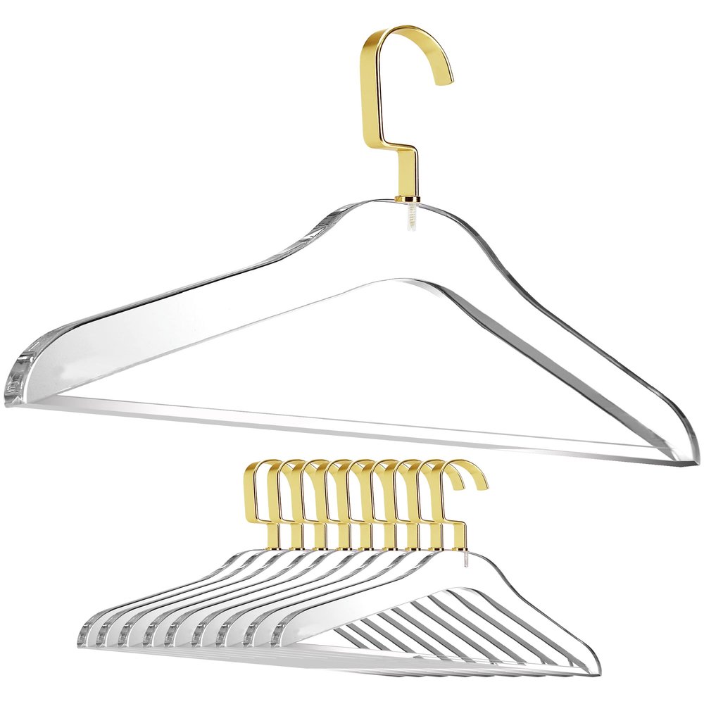 Clear Acrylic Clothes Hangers - 10 Pack Stylish and Heavy Duty Closet Organizer with Chrome Plated Steel Hooks - Non-Slip Notches for Suit Jacket, Sweater - by Designstyles (Gold Pants Bar)