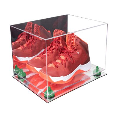Better Display Cases Acrylic Shoe Pair Display Case - Large Rectangle Box with Mirror Case, Green Risers and Mirror Base 15.25" x 12" x 9" (V13/A082)