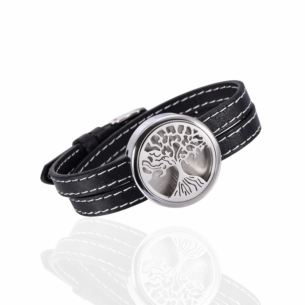LiHiFG Black Color Genuine Leather Watch Band Bracelet Stainless Steel Essential Oil Diffuser Bracelet Aromatherapy Bracelet Jewelry
