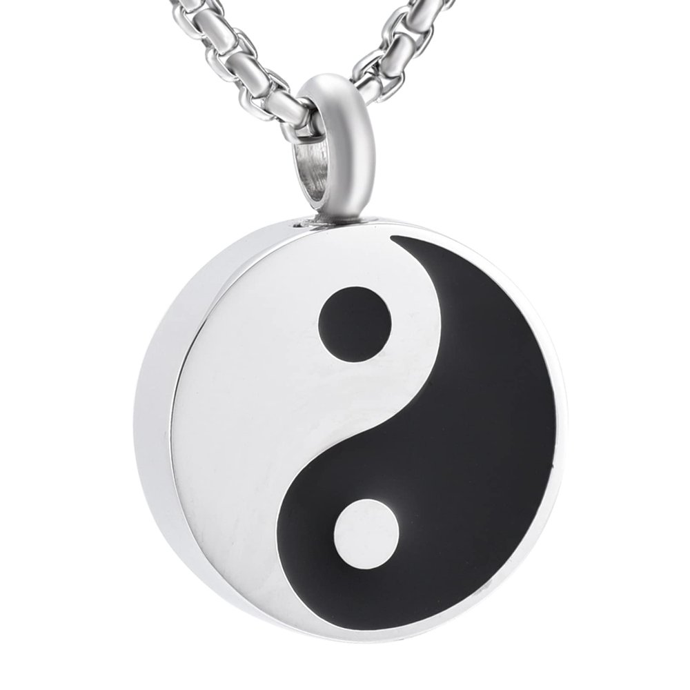 LiHiFG Cremation Urn Necklace White and Black Round Shape Stainless Steel Memorial Locket Jewelry Ashes Holder Pendant