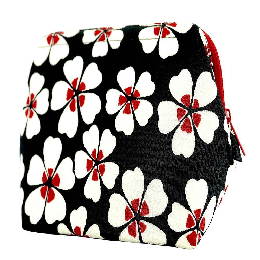 (0113-9) Uni Fiber, Made in Japan, Futoshi Crepe, Japanese Pattern, Wire Pouch, Modern Cherry Blossom, Black, black, One Size