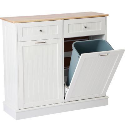 KIGOTY Double Tilt Out Trash Cabinet, Pet Proof Trash Can Cabinet with Countertop and Drawer, Trash Cabinets with Storage,Wooden Laundry Hamper for Kitchen,White