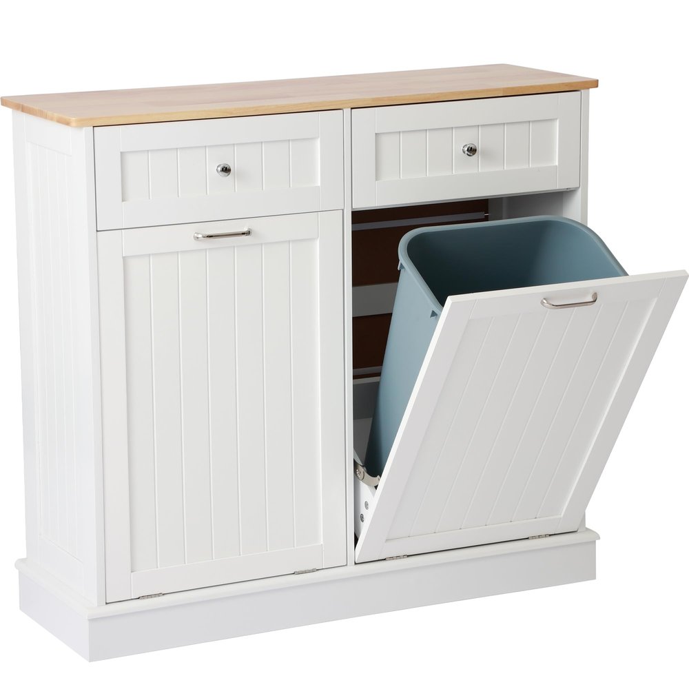 KIGOTY Double Tilt Out Trash Cabinet, Pet Proof Trash Can Cabinet with Countertop and Drawer, Trash Cabinets with Storage,Wooden Laundry Hamper for Kitchen,White