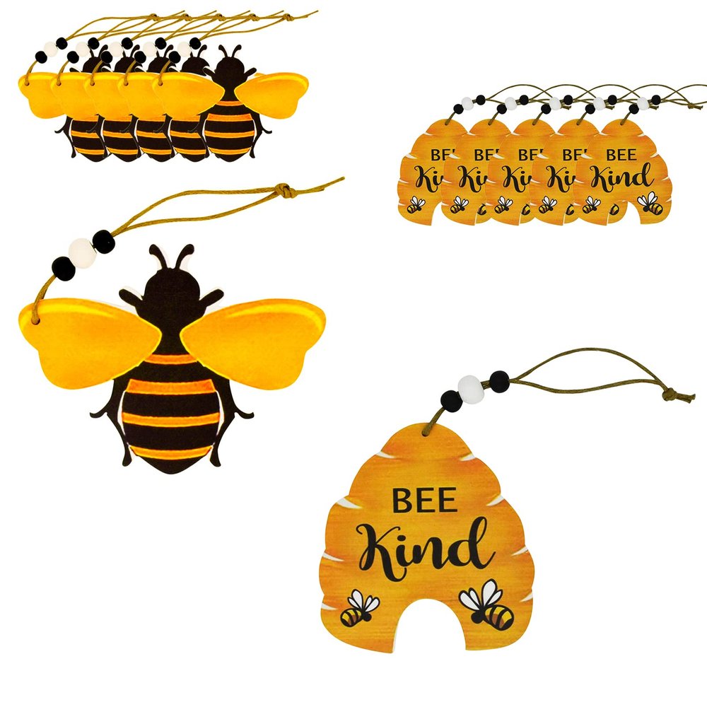 10 Pcs Beehive Ornaments Wood Bumble Bee Cutouts for Tree Tray Wreath Christmas Festival, Bee Kind Sign Art Crafts Home Hanging Decor, Bulk