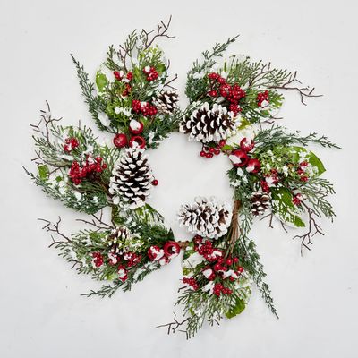 24" Artificial Snowy Pine Christmas Wreath with Berries, Pods and Pine Cones