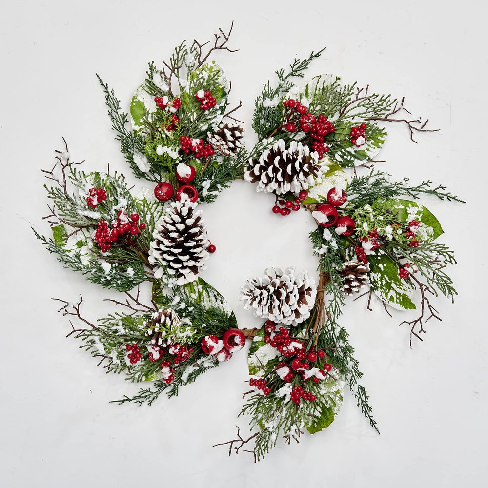 24" Artificial Snowy Pine Christmas Wreath with Berries, Pods and Pine Cones