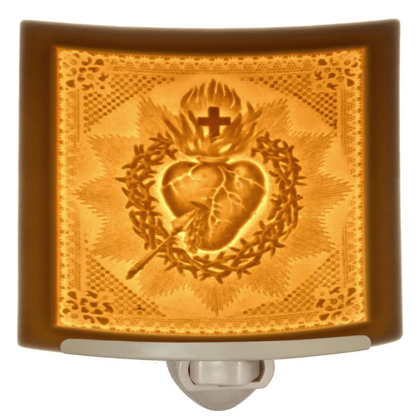 Sacred Heart of Jesus Lithophane Night Light Handmade by The Porcelain Garden, Decorative Wall Plug in Religious Bedroom, Bathroom, Kitchen