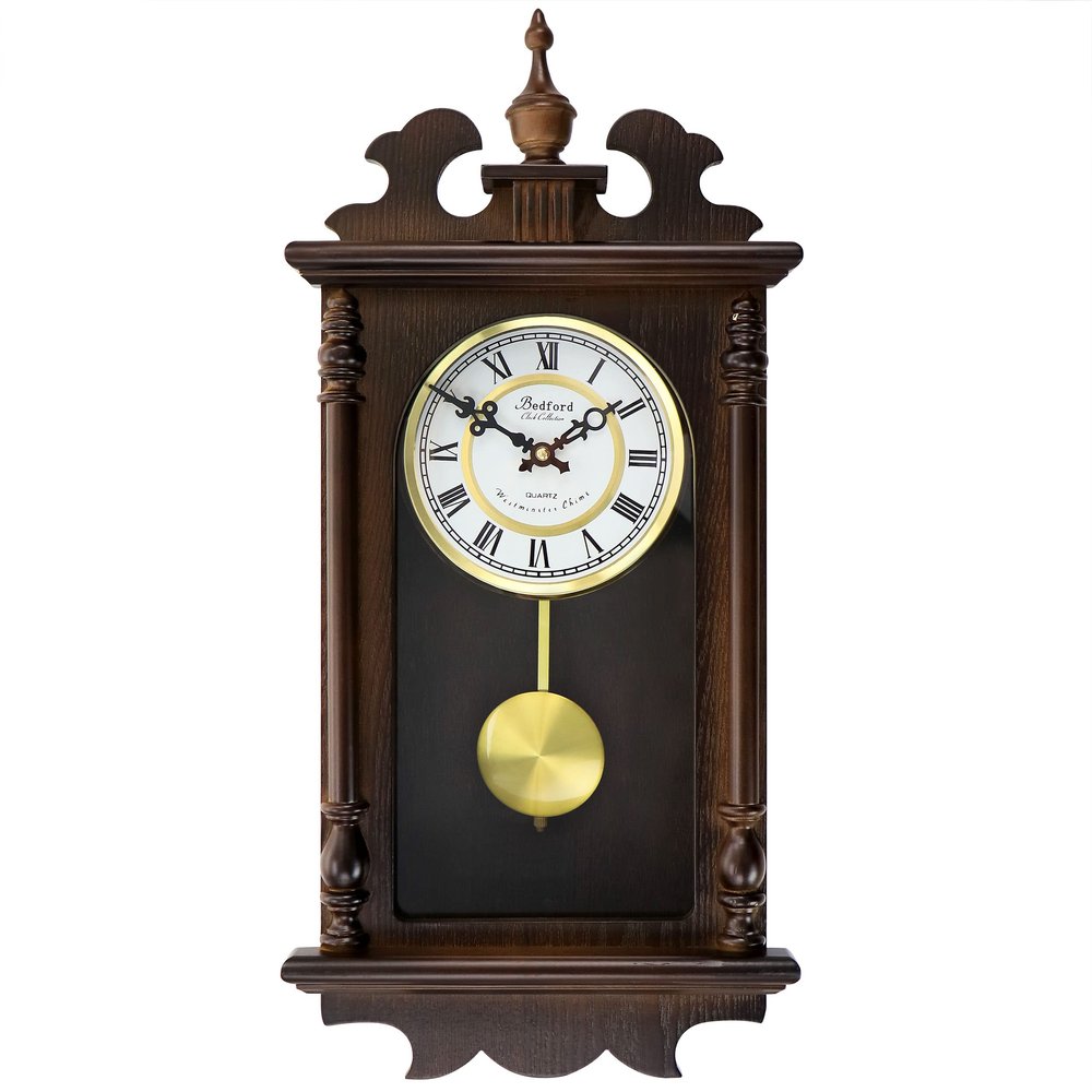 Bedford Clock Collection Leo 21 Inch Chestnut Wood Chiming Pendulum Wall Clock