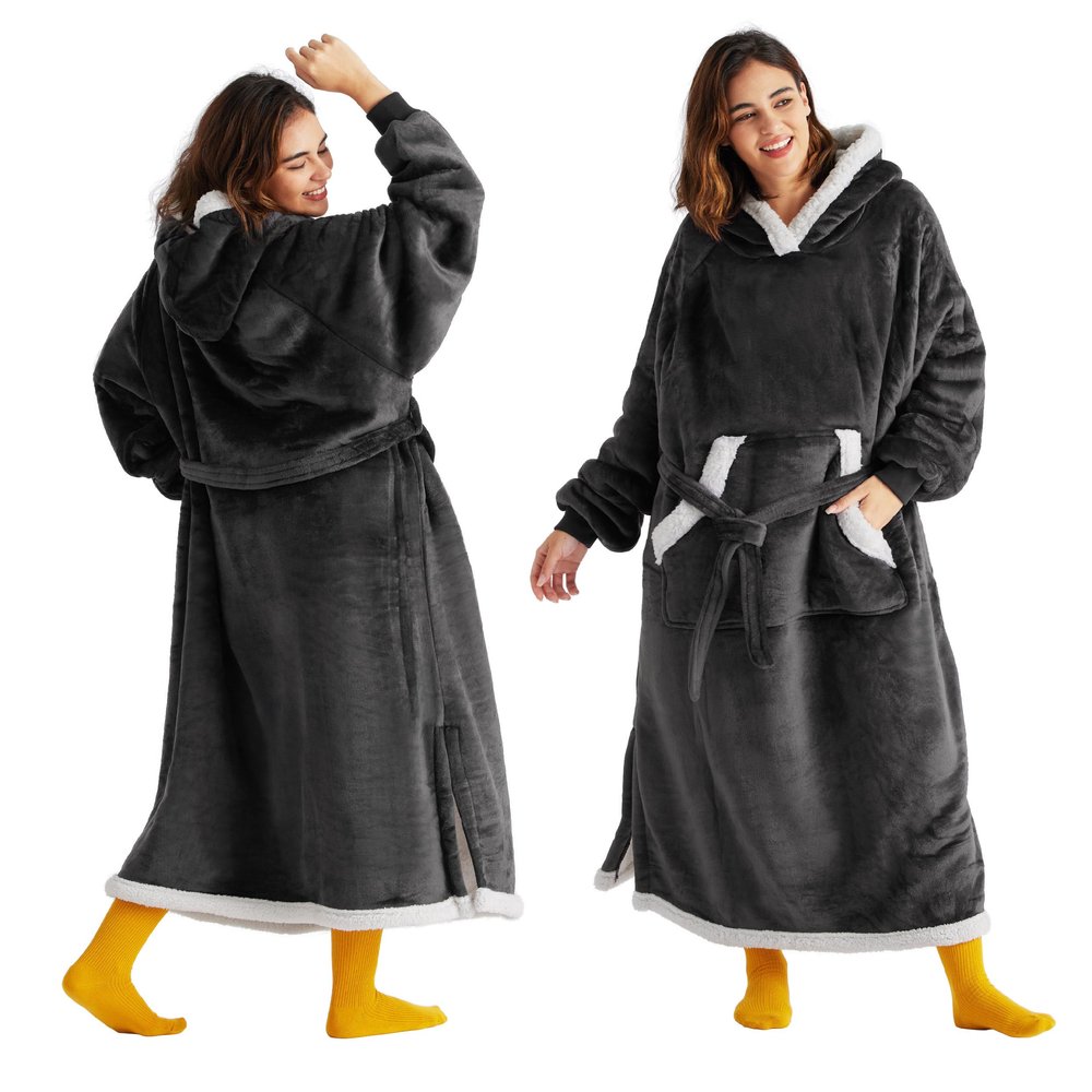 Bedsure Wearable Blanket Hoodie, Long Hooded Blanket Sweatshirt as Birthday Gifts for Women, Cozy Sherpa Hoodie for Adult, Standard, Charcoal