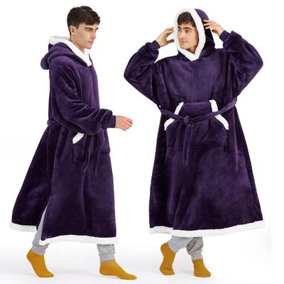 Bedsure Wearable Blanket Hoodie, Long Hooded Blanket Sweatshirt as Christmas Birthday Gifts for Men, Cozy Sherpa Hoodie for Adult, Oversize, Dark Purple