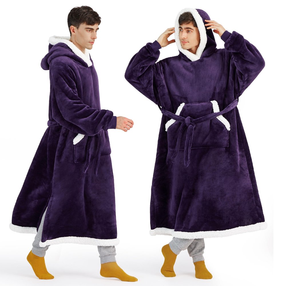 Bedsure Wearable Blanket Hoodie, Long Hooded Blanket Sweatshirt as Christmas Birthday Gifts for Men, Cozy Sherpa Hoodie for Adult, Oversize, Dark Purple