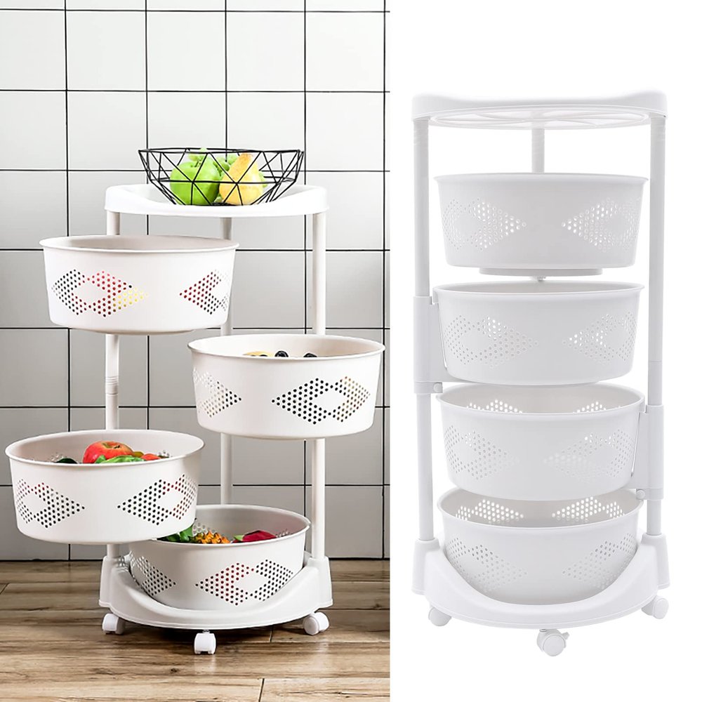 TFCFL Multi-Layer Kitchen Storage Rack,4-Tier Rotating Vegetable Organizer With Lockable Casters,Storage Standing Rack for Bathroom Living Room Bedroom,White (4-Tier)