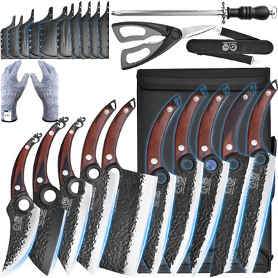 XYJ Professional Kitchen Knife Set with High-Carbon Steel Forged Blades, Chef's Knife, Cleaver, Carving Knife, Nakiri, Full Tang Design, Includes Carrying Bag & Poultry Scissors