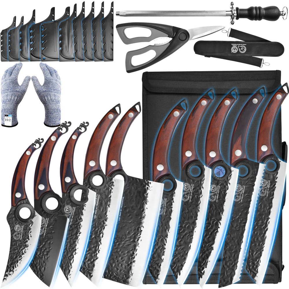 XYJ Professional Kitchen Knife Set with High-Carbon Steel Forged Blades, Chef's Knife, Cleaver, Carving Knife, Nakiri, Full Tang Design, Includes Carrying Bag & Poultry Scissors