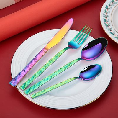 Hammered Rainbow Silverware Set, 24-Piece Stainless Steel Square Flatware Set for 6, Retro Tableware Cutlery Set for Dining Room Kitchen & Restaurant Modern Design & Mirror Polished
