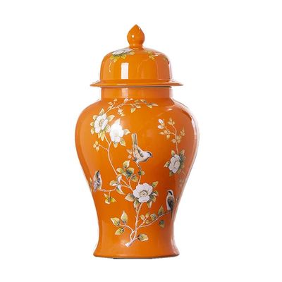 Ceramic Ginger Jar Vase with Lid, Storage Porcelain Jars, Antique Style Bottle for Home Decoration Living Room Table Centerpiece, Orange (Size : Small)