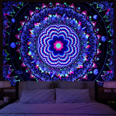 Amonercvita Blacklight Tapestry Trippy Mandala Tapestries UV Reactive Galaxy Stars Tapestry Psychedelic Neon Tapestries Wall Hanging Hippie Black Light Poster for Bedroom