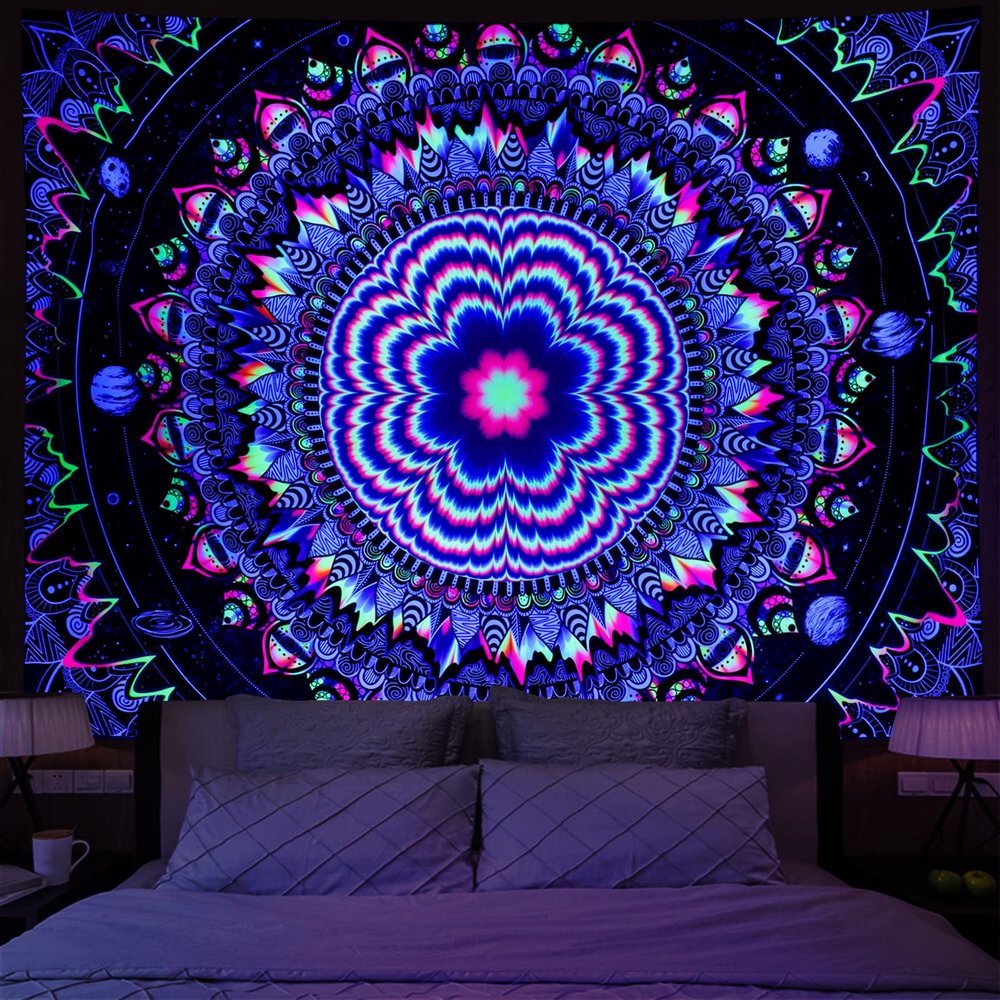 Amonercvita Blacklight Tapestry Trippy Mandala Tapestries UV Reactive Galaxy Stars Tapestry Psychedelic Neon Tapestries Wall Hanging Hippie Black Light Poster for Bedroom