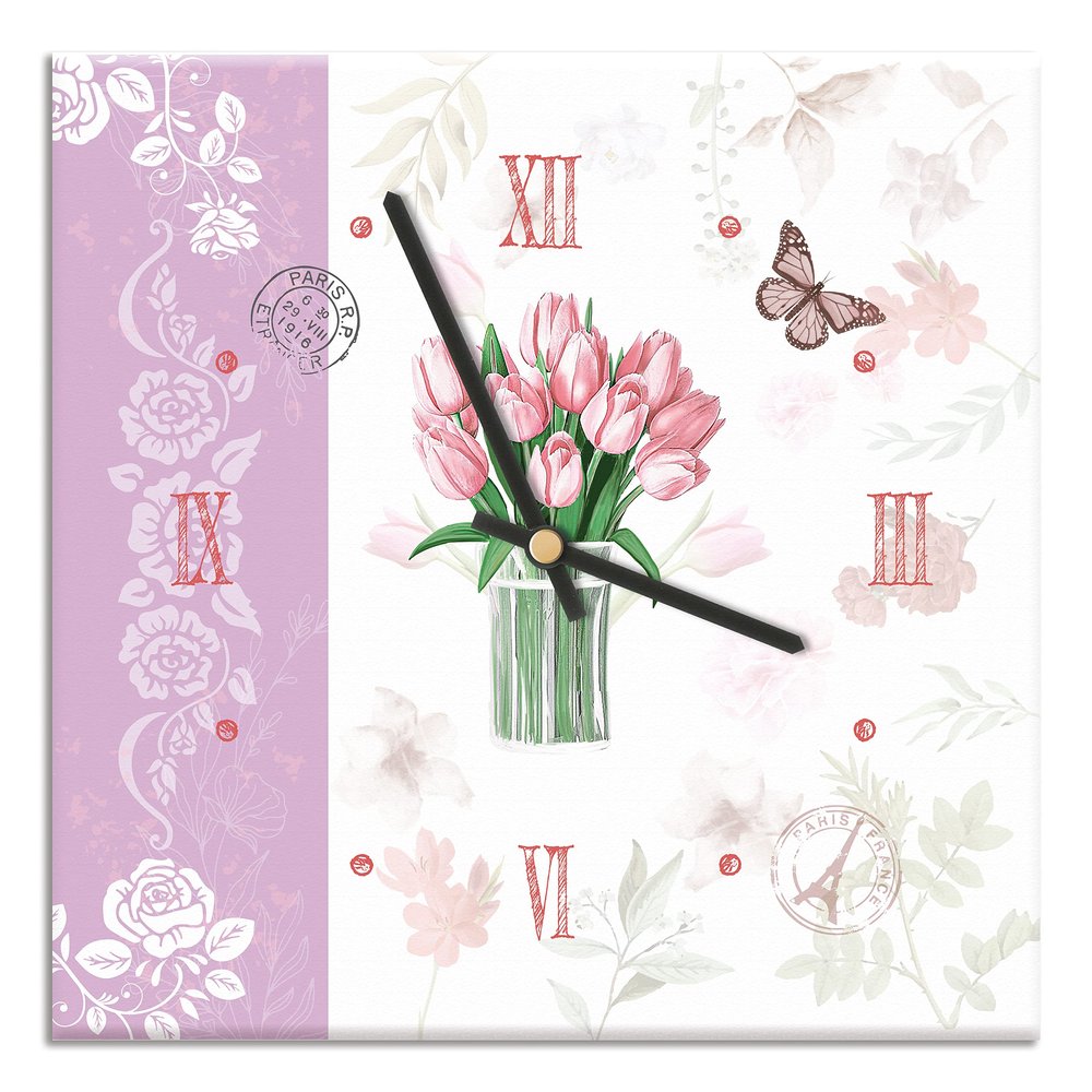 Mareli Wall Clock, Covered with matt Laminated Paper Shabby Print, Tulips, 30x30