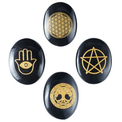 Crocon Black Agate Engraved Stone (Set of 4) Reiki Symbols Polished Palm Stones Sacred Geometry Symbols Set for Good Luck Pocket Stone Positive Healing Balancing Meditation Gemstone Gift Set