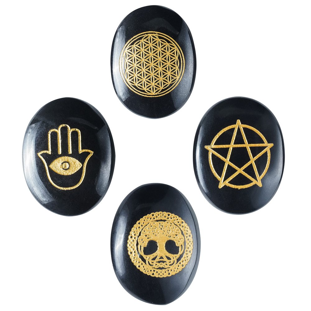 Crocon Black Agate Engraved Stone (Set of 4) Reiki Symbols Polished Palm Stones Sacred Geometry Symbols Set for Good Luck Pocket Stone Positive Healing Balancing Meditation Gemstone Gift Set