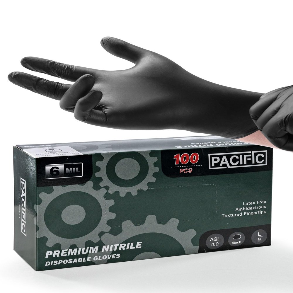 PACIFIC PPE 6-mil Heavy Duty Black Nitrile Gloves, Chemical Resistant, Food Safe, Latex Free Disposable Gloves for Mechanic, Cooking, and Cleaning, 100PCs, Large