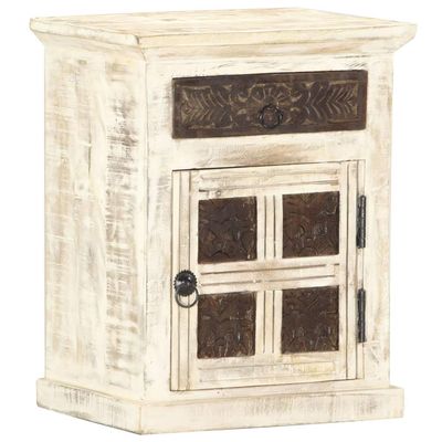Bedside Cabinet,night cabinet, night stand, bedroom cabinet,for apartments, houses, bedrooms ,living rooms,Includes 1 door and 1 drawer with carved pattern, White 15.7"x11.8"x19.7" Solid Mango Wood