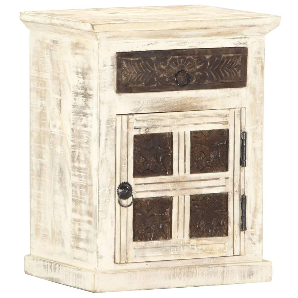 Bedside Cabinet,night cabinet, night stand, bedroom cabinet,for apartments, houses, bedrooms ,living rooms,Includes 1 door and 1 drawer with carved pattern, White 15.7"x11.8"x19.7" Solid Mango Wood