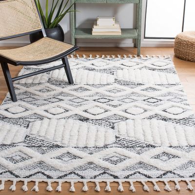 SAFAVIEH Area Rug 8x10 - Moroccan Tassel Shag Collection - Large - Ivory & Grey, Boho Design, Non-Shedding & Easy Cleaning, Plush Pile, Ideal for Living Room, Bedroom, Dining Space (MTS618A)