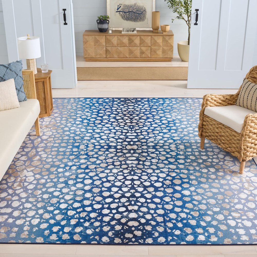 SAFAVIEH Washable Rug Journey Collection - Large - 7'9" x 10', Navy & Beige, Slip Resistant & Easy Cleaning, Ideal for Living Room, Bedroom, Dining Space (JNY118N)