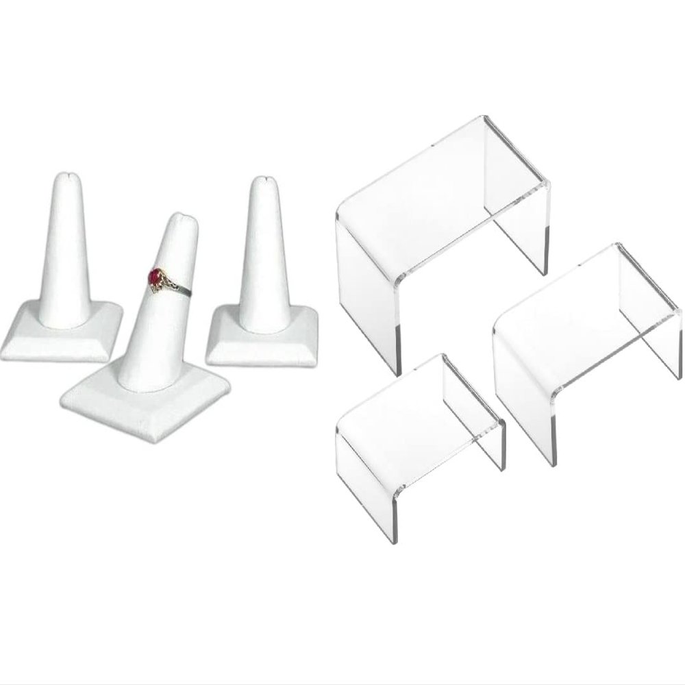 3 White Faux Leather Ring Square Base Finger Displays and 3 Acrylic Jewelry Display Risers