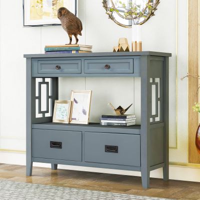 36'' Long Slim Console Table for Entry Hallways,with 4 Storage Drawers and Open Shelf, Farmhouse Entryway Hall Living Room Narrow Sofa Table, 99lbs Weight Capacity (Gray)