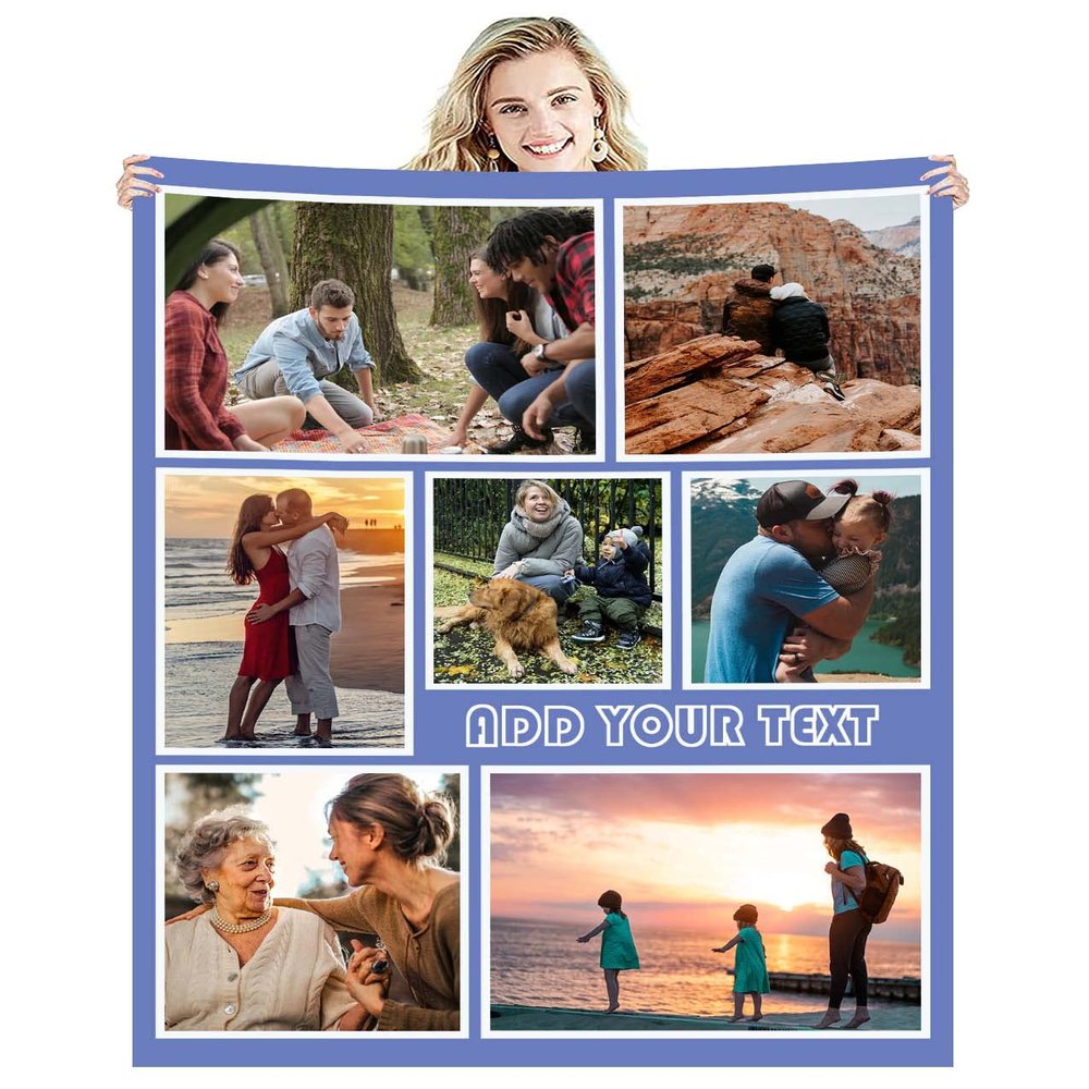 Zmkar Personalized Custom Photo Blanket Throw with Picture Text Collage Birthday Wedding Gift for Adult Baby Boy Girl Kid Dad Mum Men Women Couple and Dog Cat (7 Photos, Throw 47''63''/120x160cm)