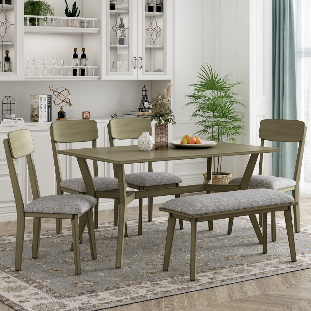 6-Piece Dining Table Set, Wooden Dining Table with Unique Shape Legs, 4 Upholstered Chairs and 1 Bench, Mid-Century Kitchen Family Furniture Set (Antique Yellow+Gray^1)