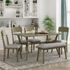 6-Piece Dining Table Set, Wooden Dining Table with Unique Shape Legs, 4 Upholstered Chairs and 1 Bench, Mid-Century Kitchen Family Furniture Set (Antique Yellow+Gray^1) view 1