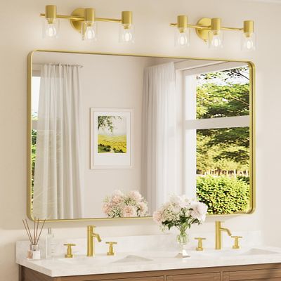 TETOTE 55 x 36 Inch Bathroom Mirror, Brushed Brass Gold Vanity Mirror, Modern Rectangle Metal Frame Decorative Wall Mirror for Entryway Shatterproof (Horizontal/Vertical)