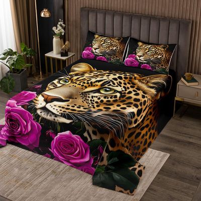 Erosebridal Purple Red Rose Cheetah Bedspread,Cat Leopard Print Coverlet Set Romantic Flowers Quilted,Animal Theme Bedroom Decor for Boys Girls Youth Men Women Female,King
