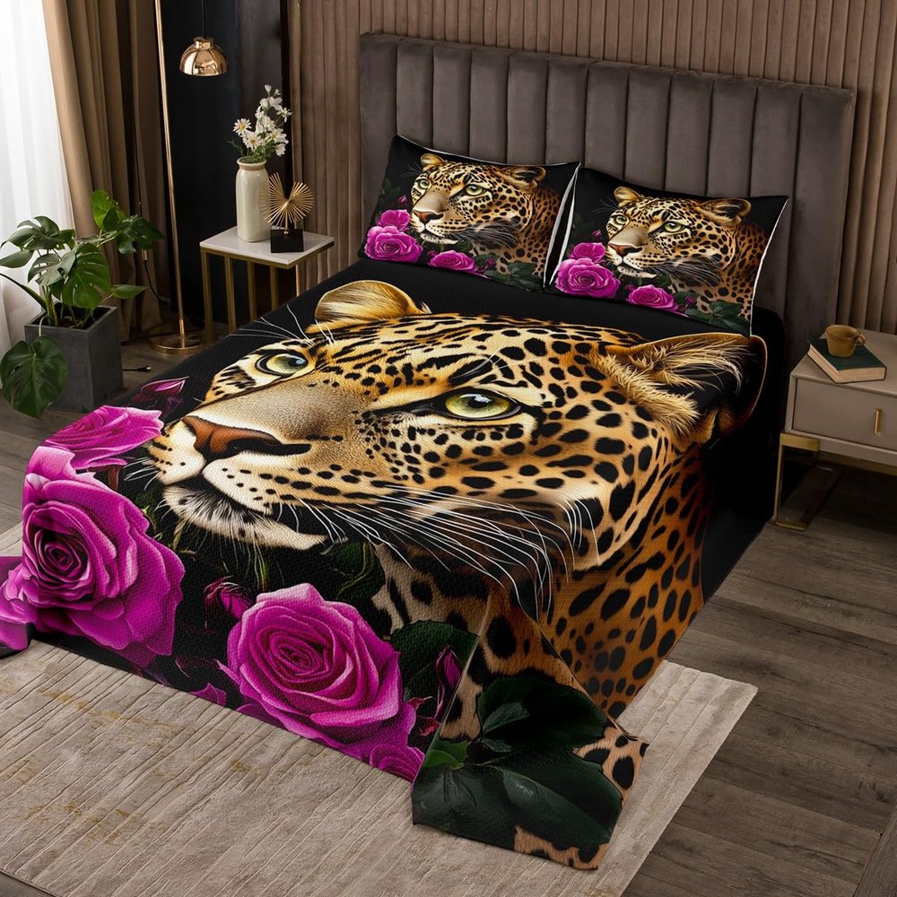 Erosebridal Purple Red Rose Cheetah Bedspread,Cat Leopard Print Coverlet Set Romantic Flowers Quilted,Animal Theme Bedroom Decor for Boys Girls Youth Men Women Female,King