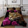 Erosebridal Purple Red Rose Cheetah Bedspread,Cat Leopard Print Coverlet Set Romantic Flowers Quilted,Animal Theme Bedroom Decor for Boys Girls Youth Men Women Female,King view 2
