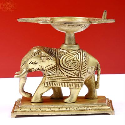 Exotic India 6" Brass Decorative Elephant Diya | Handmade - Brass