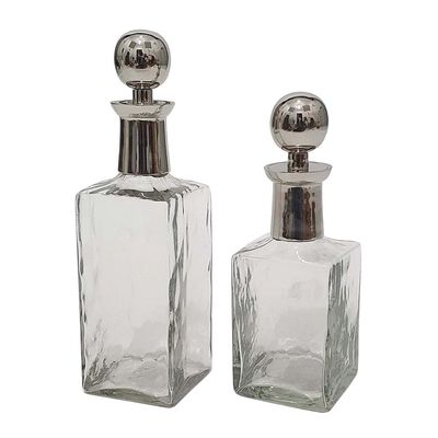 A&B Home Decorative Square Glass Bottle Set - Set of 2 Modern Lidded Glass Bottle, Tabletop Home Dcor, Bedroom Living Room Entryway Office Accent Piece, Large: 4" x 4" x 12", Small: 4" x 4" x 10"