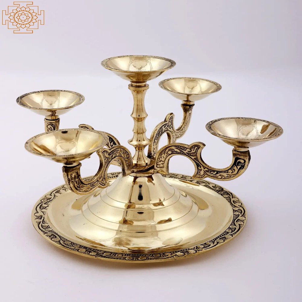 Exotic India 6" Brass Kubera Vilakku | Puja Diya | Handmade - Brass